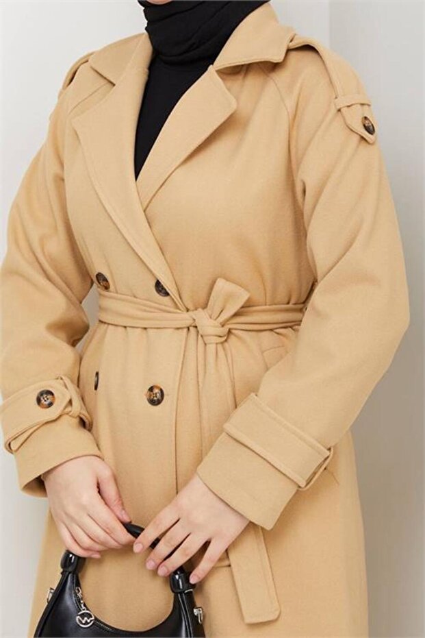 Women's Shoulder Detailed Buttoned Midi Length Lined Cashmere Coat Nbft005