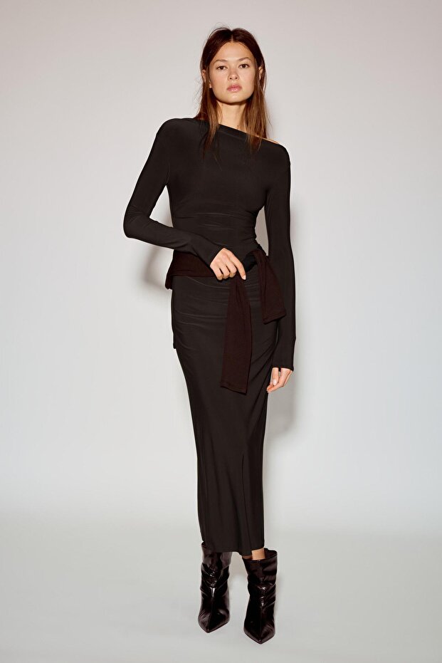 Drape detaylı yumuşak midi elbise - 2