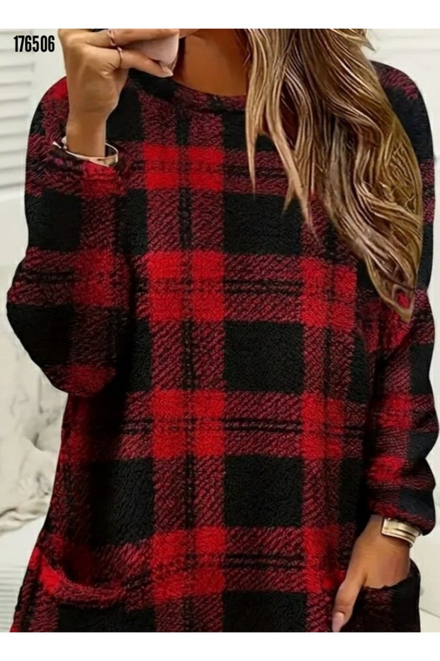 New Season Plaid Stylish Woven Tunic Women's Semi-Turtleneck, Long Sleeves and Pocket Detail