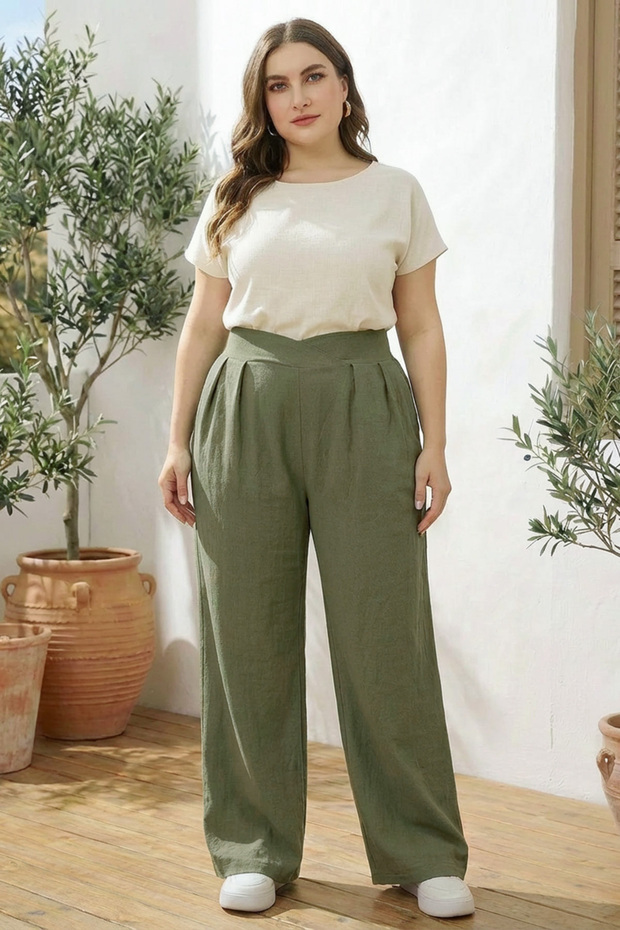 Plus Size Pleated Pocket Wide Leg Stretch Fabric Pants 875-V