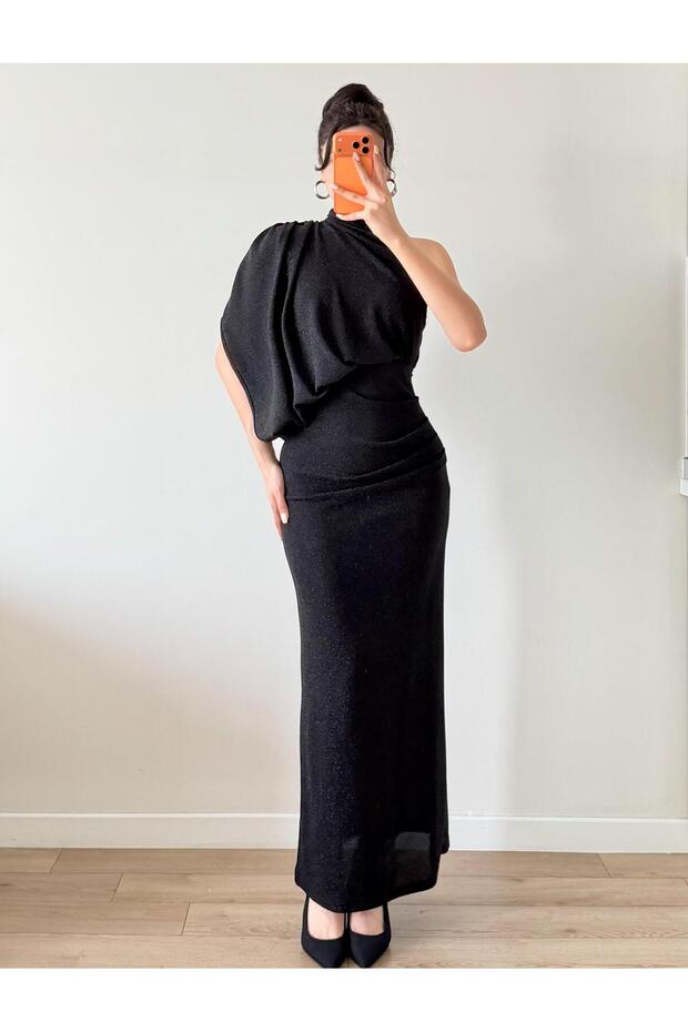 Black High Neck One Shoulder Flowy Glitter Dress