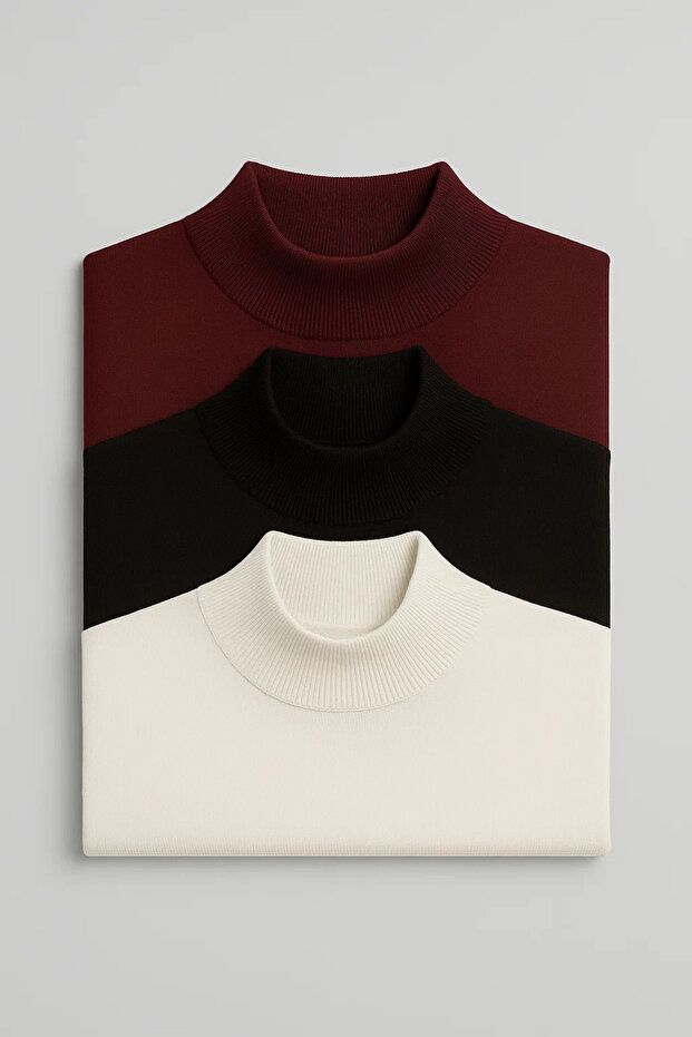 Men's Winter Basic High Neck 3-Piece Knit Sweater