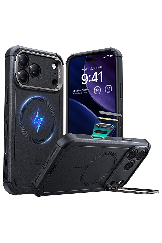 جراب لهاتف iPhone 17 Pro مع حامل تخزين، حماية من السقوط بدرجة عسكرية 7X مع التحكم في الكاميرا