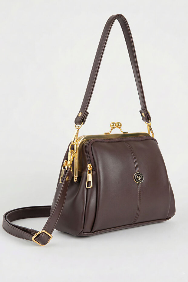 Women's Brown 4-Compartment Lined Handbag & Shoulder Bag with Zipper Closure and 2 Straps (24X18 cm)