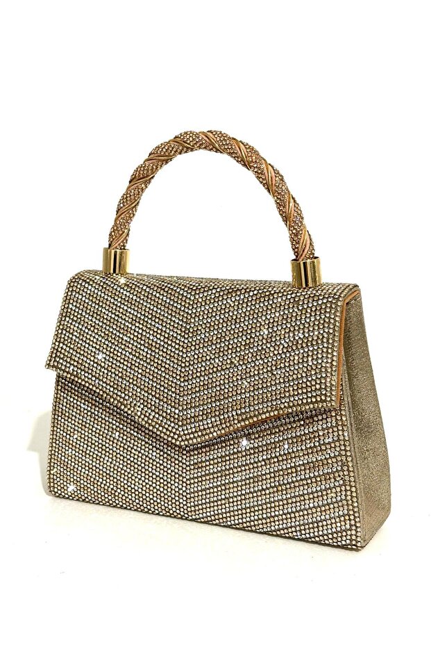 Women's Stone Gold Evening Dress Clutch Chain Strap Handheld Wedding Engagement Evening Bag