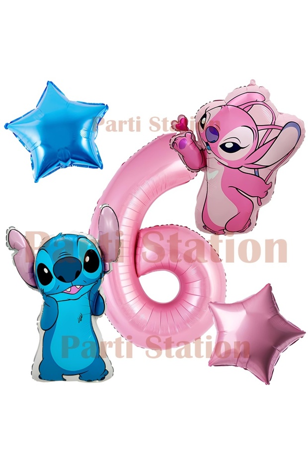 Lilo Stitch and Angel Balloon Set for Age 6, 5-Piece Pink Number and Star Foil Balloon Birthday Party Set