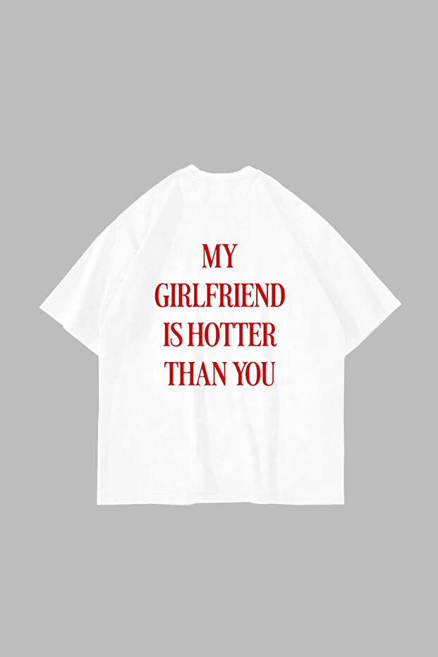 تي شيرت أبيض للجنسين من Hot Girlfriend مطبوع قصة فضفاضة