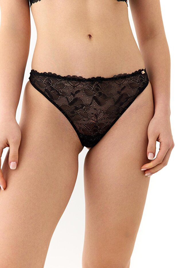 Roma Siyah Dantelli String Külot - 2