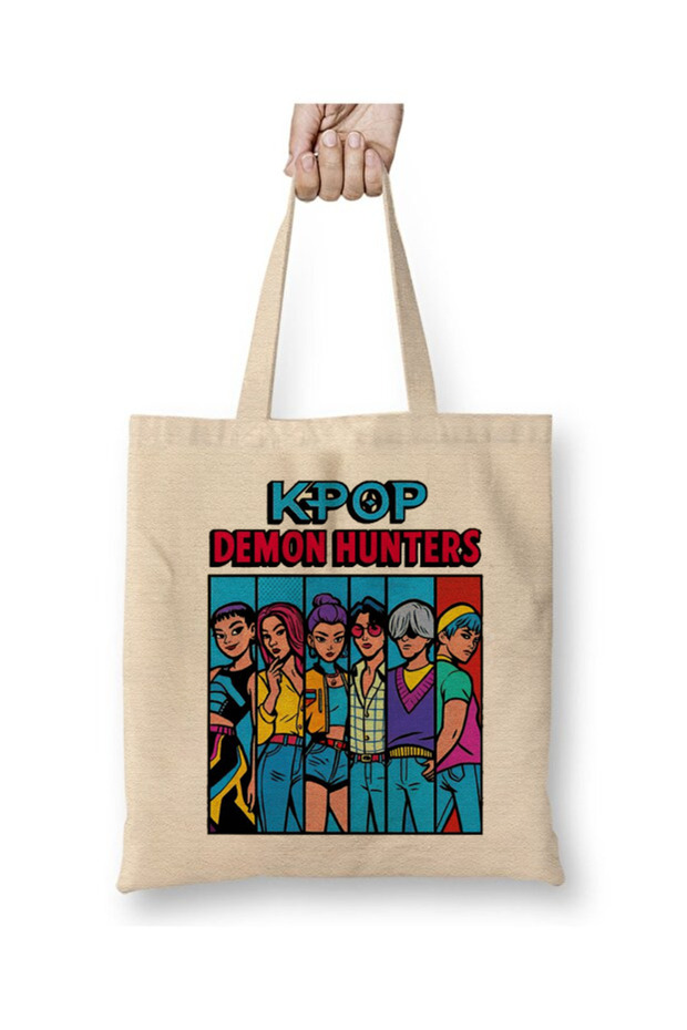 Kpop Demon Hunters Huntrix and Saja Boy White Cloth Bag Long Handle Shopping Bag Beach Bag