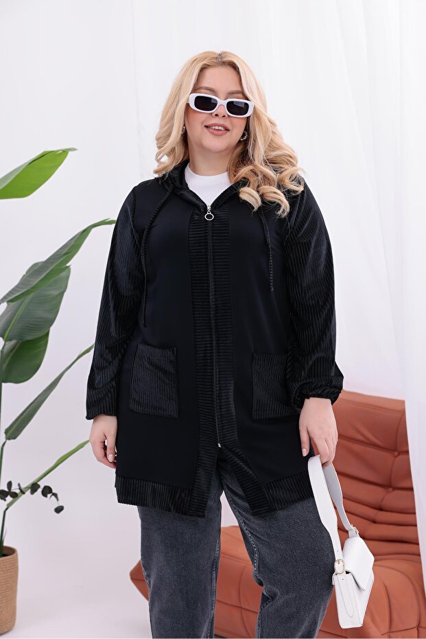 Plus Size Corded Fabric Velvet Fabric Cardigan with Pockets