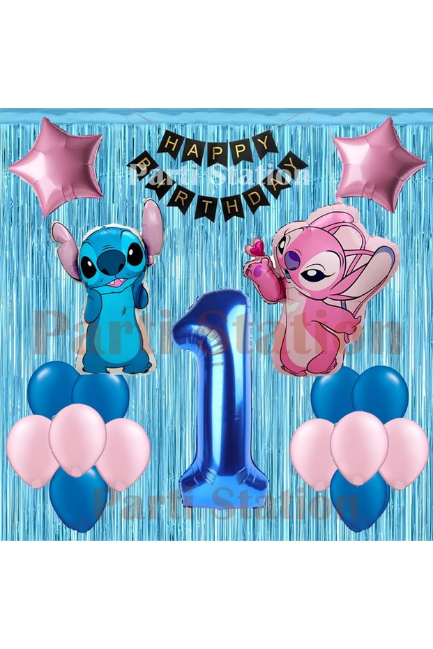 Lilo Stitch Balloon and Angel 1St Birthday Party Set Navy Blue Number and Decorative Curtain Balloon Set