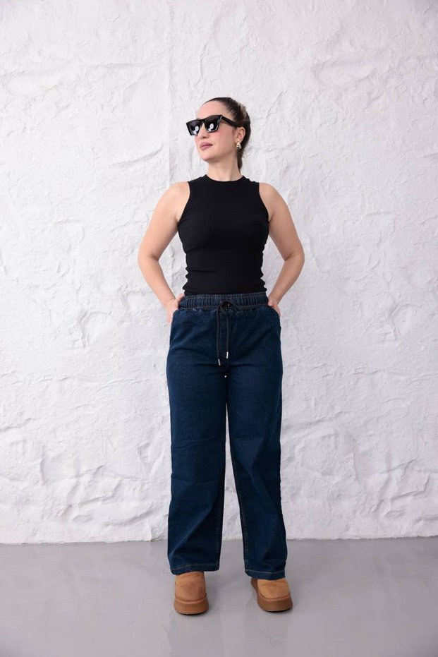 Stretch Fabric Denim Pants with Elastic Waist