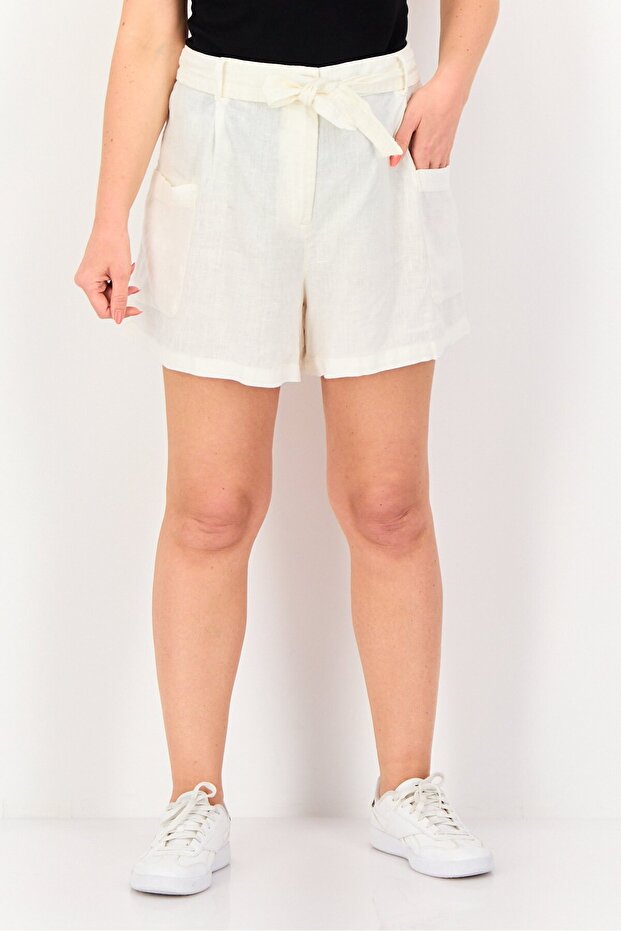 Women Plain Belted Basic Shorts, White