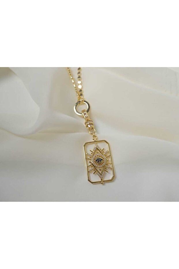 Kol078 Nazar Plaka Gold Necklace - 62 cm + 5 cm Extension