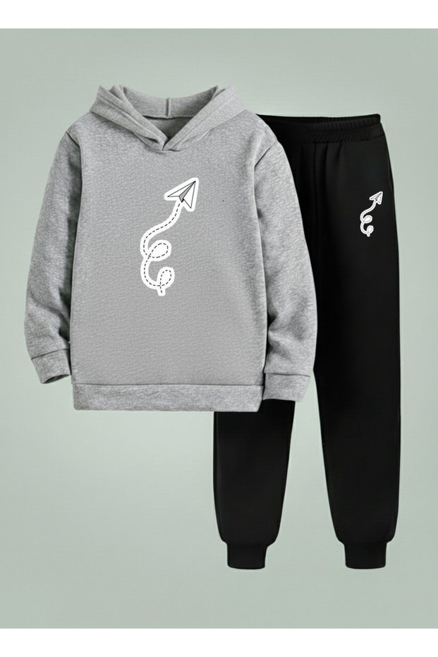 3 İplik Ş Fleece-Lined Children's Sweatshirt - Tracksuit Set (K Hooded Paper Plane Printed)