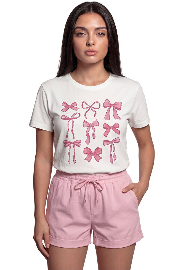 ''Pink Ribbons'' Pink Bow Patterned Printed 100% Cotton Relaxed Fit Premium Women's T-Shirt