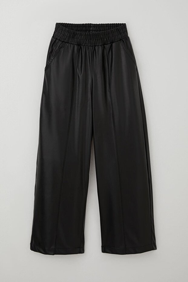 Girl's Leather Pants with Stitching Detail, Elastic Waist, Pockets, Ages 8-14, Black