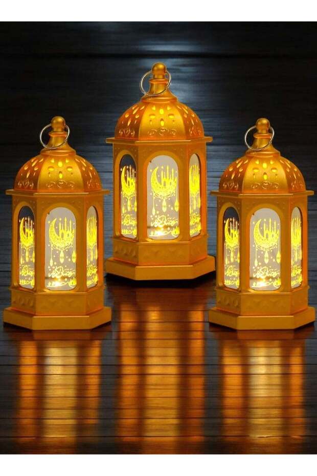 صندوق ألعاب 3 قطع زينة رمضانية مضيئة بإضاءة ليد فانوس رمضان مبارك ذهبي