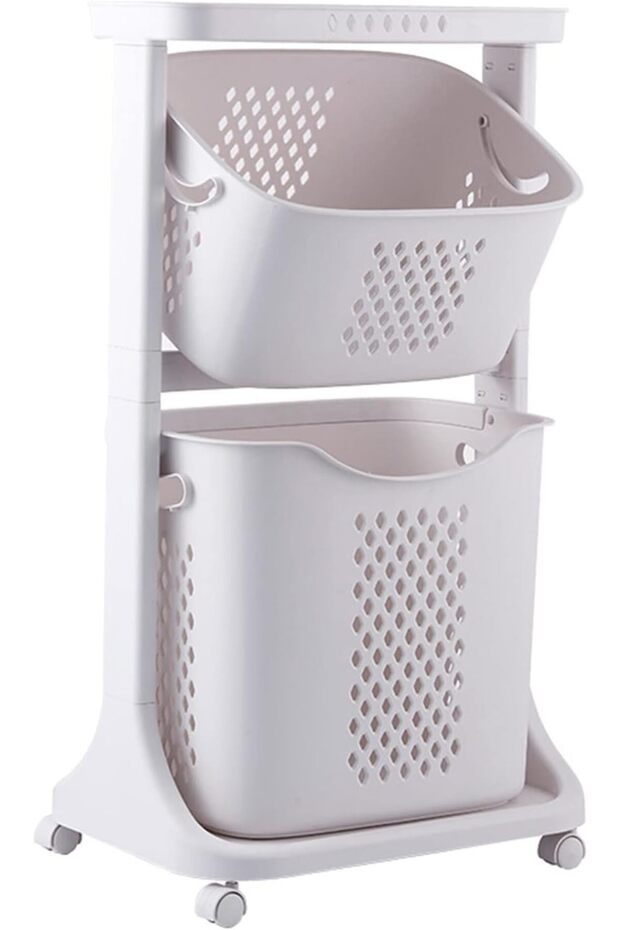 Plastic Clothes Storage Basket, 2-Tier/3-Tier Mobile Laundry Basket with Wheels
