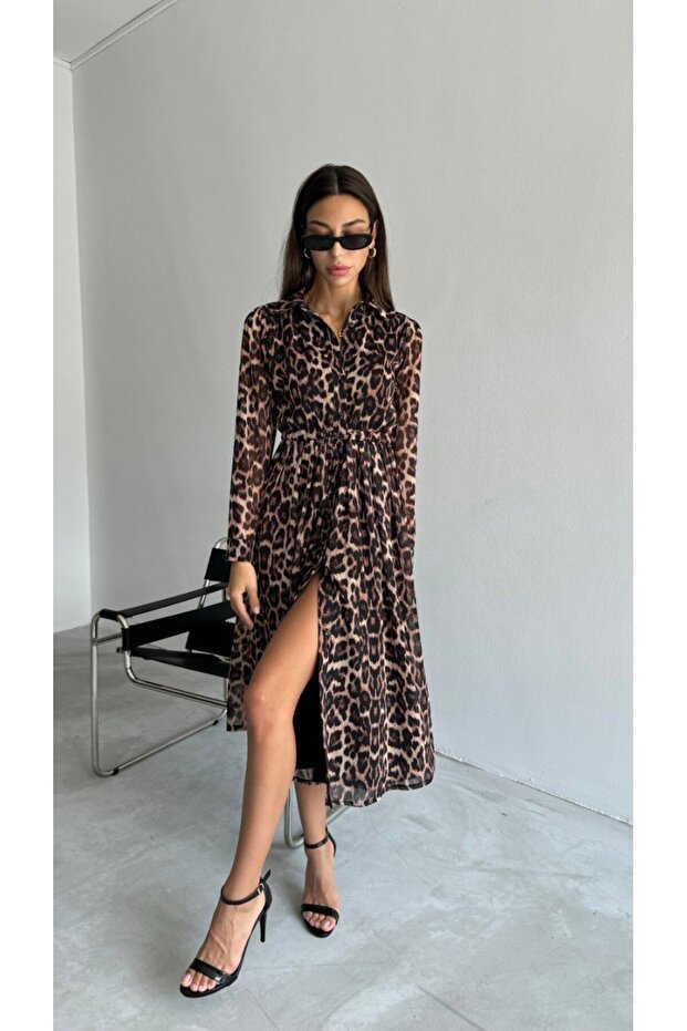 Leopard Printed Chiffon Shirt Dress
