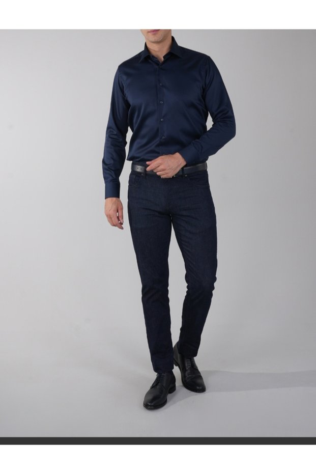 Slim Fit Long Sleeve Easy Ironing Sweat Absorbing Breathable Texture Tie Four Seasons Navy Blue Men's Shirt