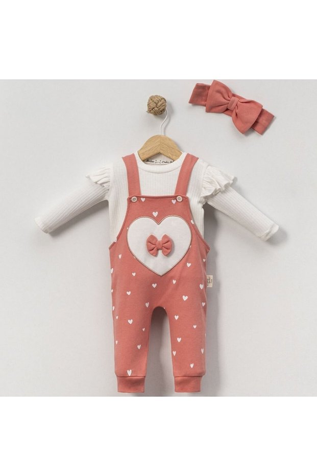 Baby Girl Ecru Pink Heart Bow Bandana Salopet Set
