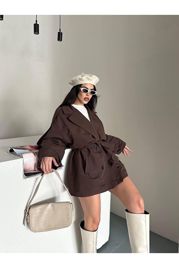 Araboy Oversized Trench Coat with Belt, Epaulettes and Windbreaker Details