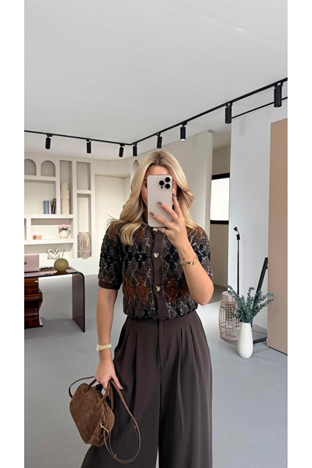 Bone Buttoned Diamond Pattern Textured Brown Cardigan