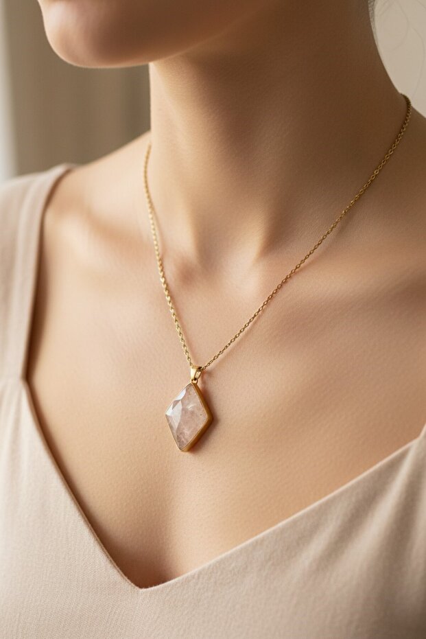 Pink Quartz Particle Epoxy Pendant – Stainless Steel Gold Chain – Minimal Natural Stone Necklace