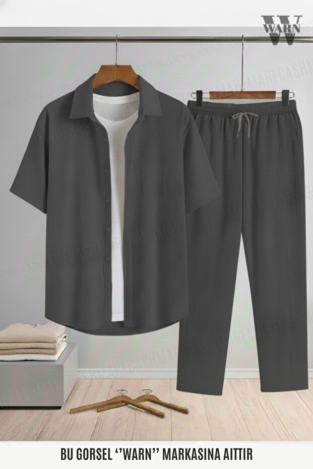Crepe Fabric Short Sleeve Shirt - Trousers Set Stretch Fabric Unisex Women's Men's Set