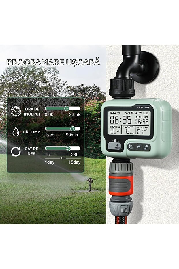 1-Zone Automatic Irrigation Timer - IPX5 Waterproof LCD, Rain Delay, Child Lock - 5