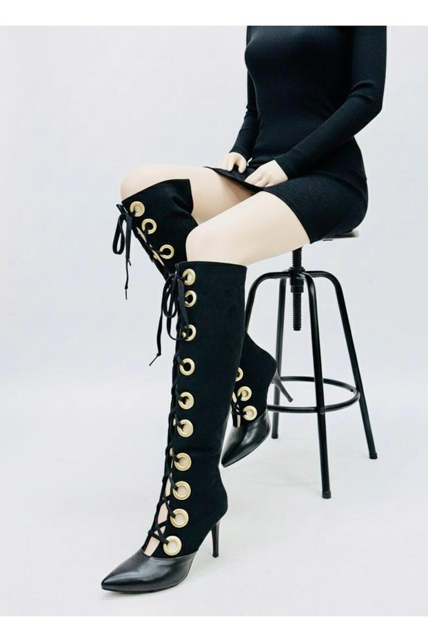 Black Suede Heeled Boots with Gold Ring Detail 10Cm-Feli̇sya Buti̇k