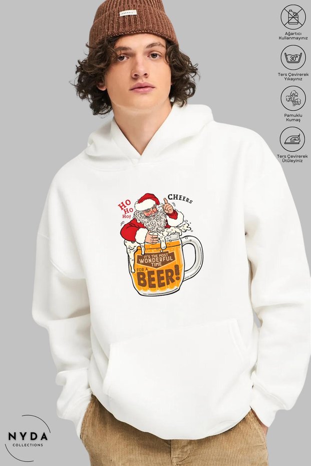Unisex Hoodie Long Sleeve Santa Claus Printed Hooded Fleece-Lined Oversized Cotton Sweatshirt