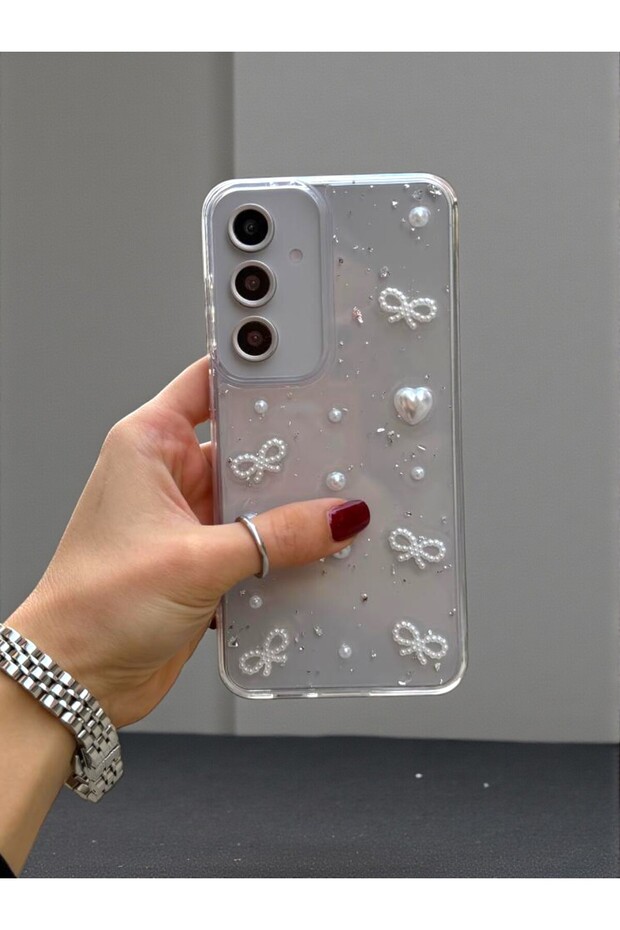Samsung A35 Compatible Pearl Heart Bow 3D, Transparent, Shock-Resistant Phone Case