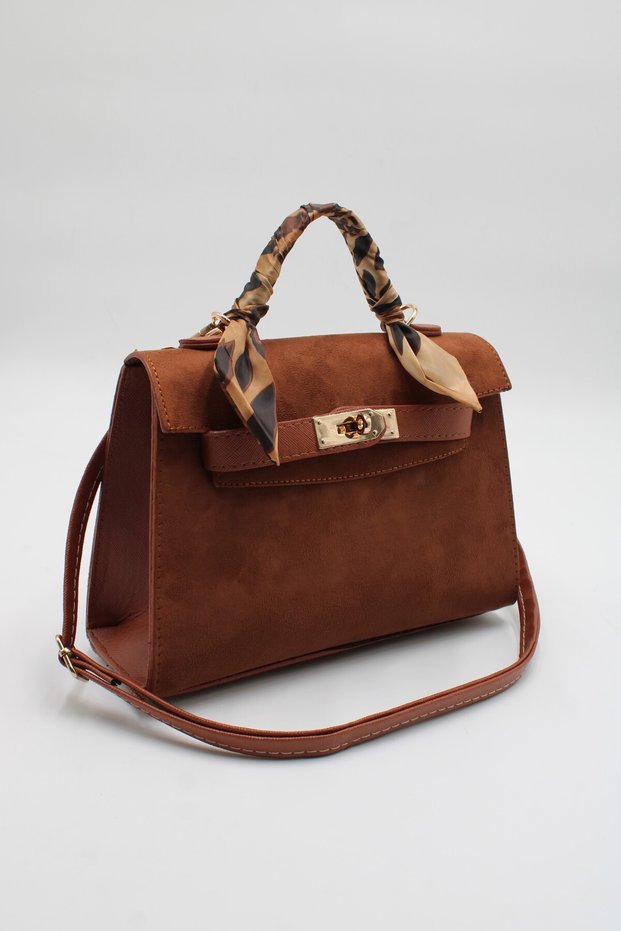 Women's Tan Suede Faux Leather Hand, Arm, and Shoulder Bag with Scarf Detail and Lock Closure