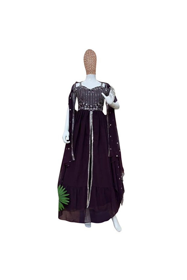 Wine Faux Georgette Lehanga Set - HRT5928 | Wine