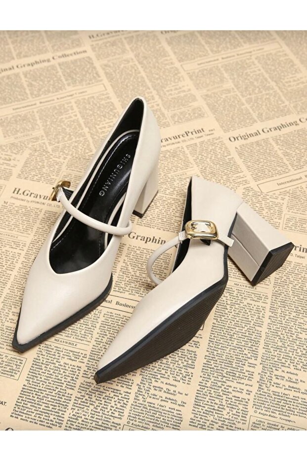 Beige Leather Heeled Women's Shoes with Gold Buckle