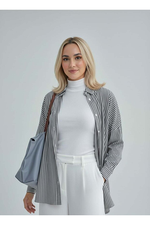 Kadın Oversize Uzun Basic Gömlek - 3