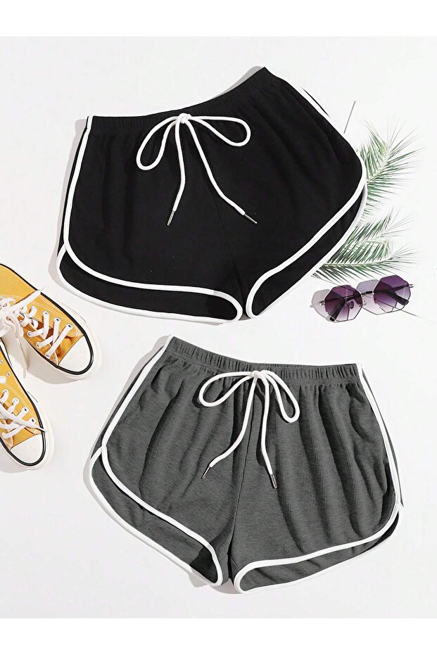 2'li Kadın Biyeli Penye Mini Şort - 1