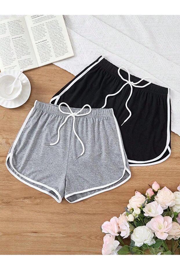 2'li Kadın Biyeli Penye Mini Şort - 1