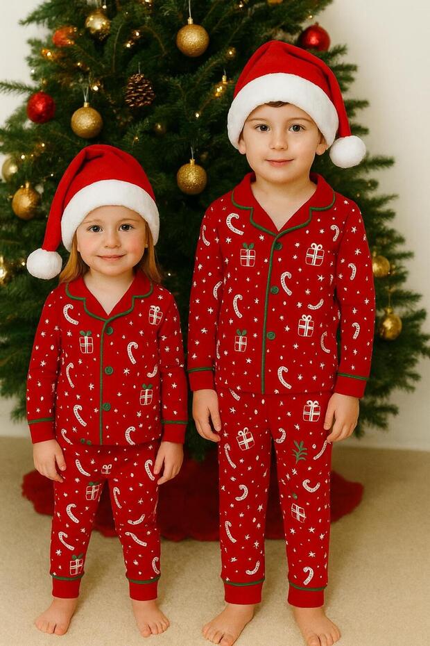 Red Christmas Themed Unisex Pajama Set – Ages 3-6 – Soft and Comfortable Fabric