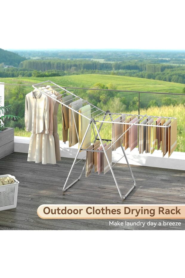 رف تجفيف الملابس القابل للطي، قابل لتعديل الارتفاع، 28 قضيبًا، أبيض - 7