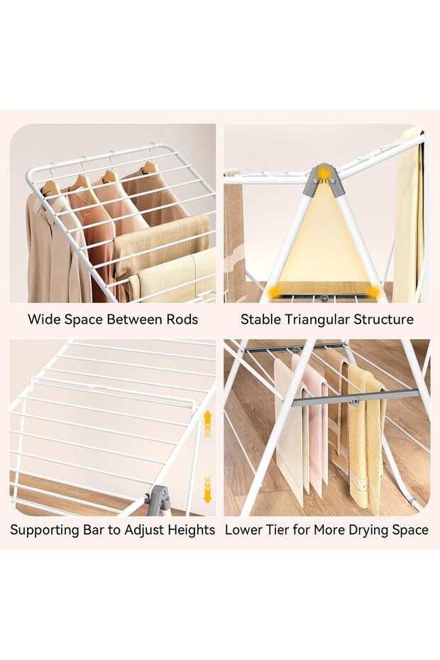 رف تجفيف الملابس القابل للطي، قابل لتعديل الارتفاع، 28 قضيبًا، أبيض - 5