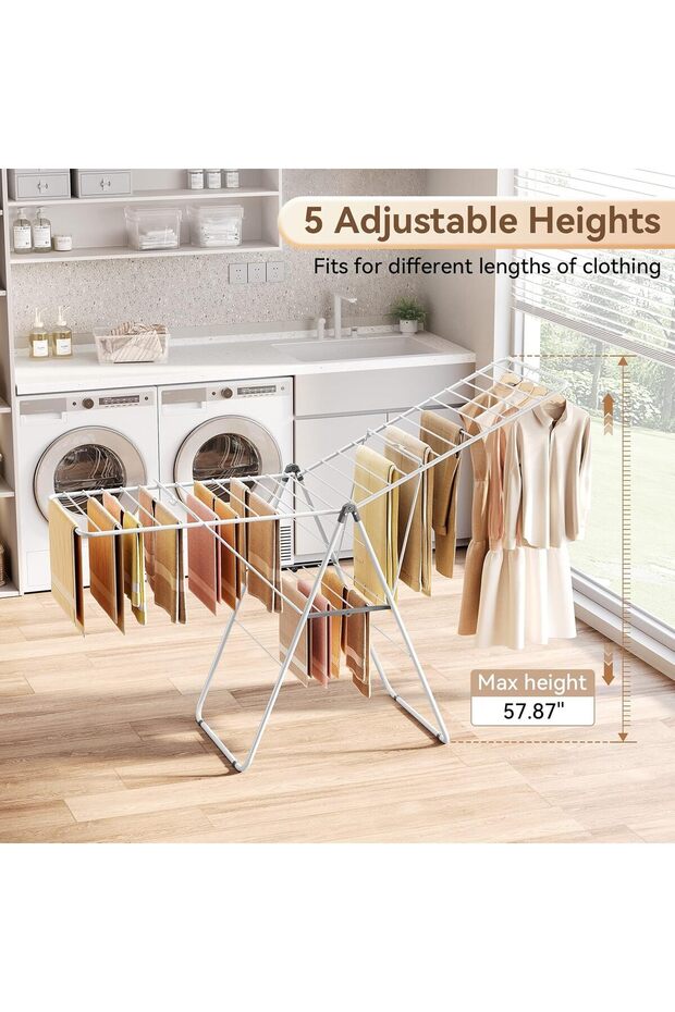 رف تجفيف الملابس القابل للطي، قابل لتعديل الارتفاع، 28 قضيبًا، أبيض - 6