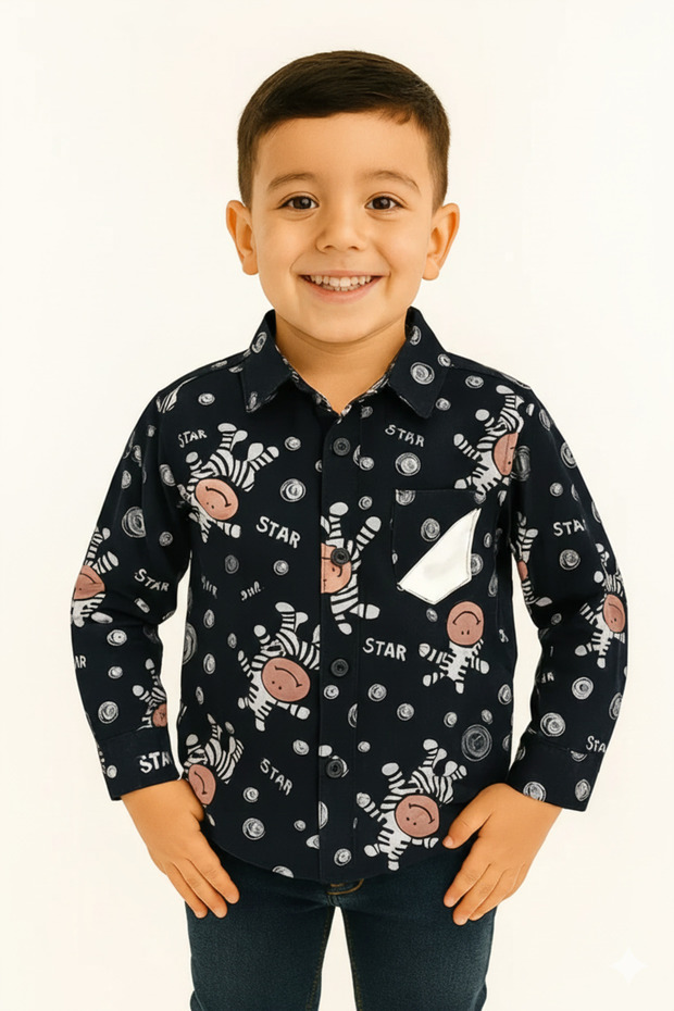 Starlight Zebra: Boys’ Navy Print Button-Down Shirt