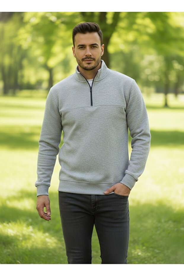 Unisex Relax Fit Comfortable Cut Cotton Fleece Inside 3 Thread Half Zipper Di Mock Neck Weatshirt