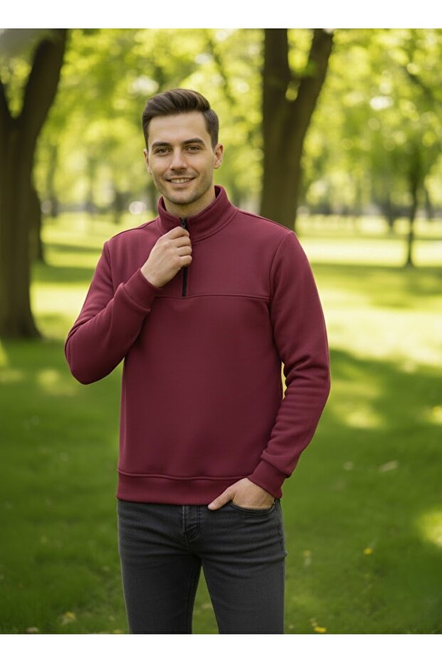 Unisex Relax Fit Comfortable Cut Cotton Fleece Inside 3 Thread Half Zipper Di Mock Neck Weatshirt