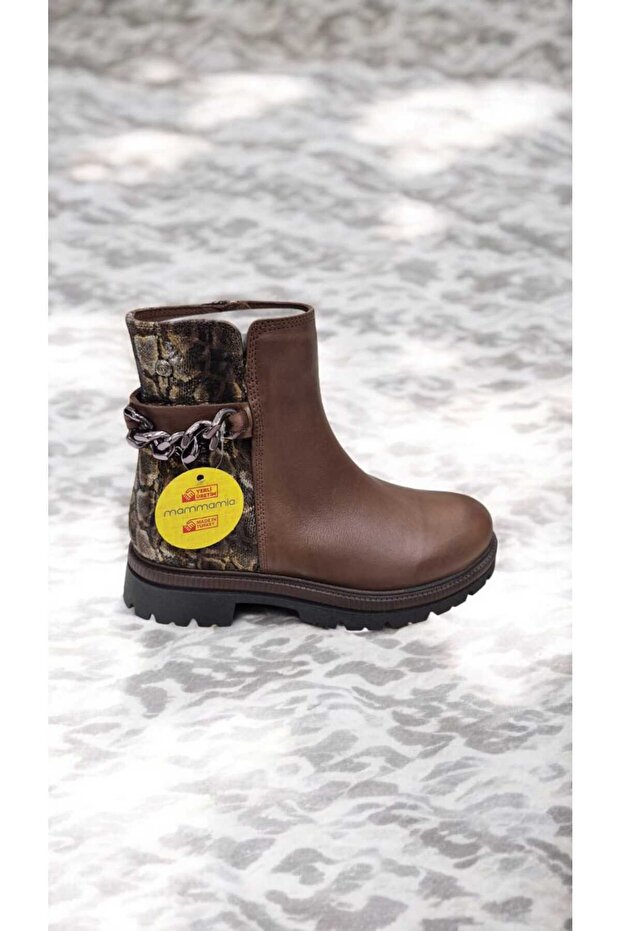 E-42400 Genuine Leather Chain Detailed Leopard Patterned Serrated Non-Slip Sole Boots