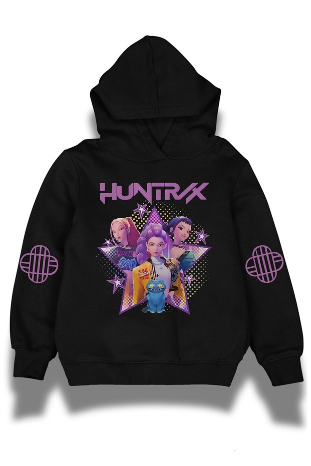 Huntrx Logo Sleeve Printed Children's Hooded Sweatshirt, Unisex Kpop Demon Hunters Themed Hoodie