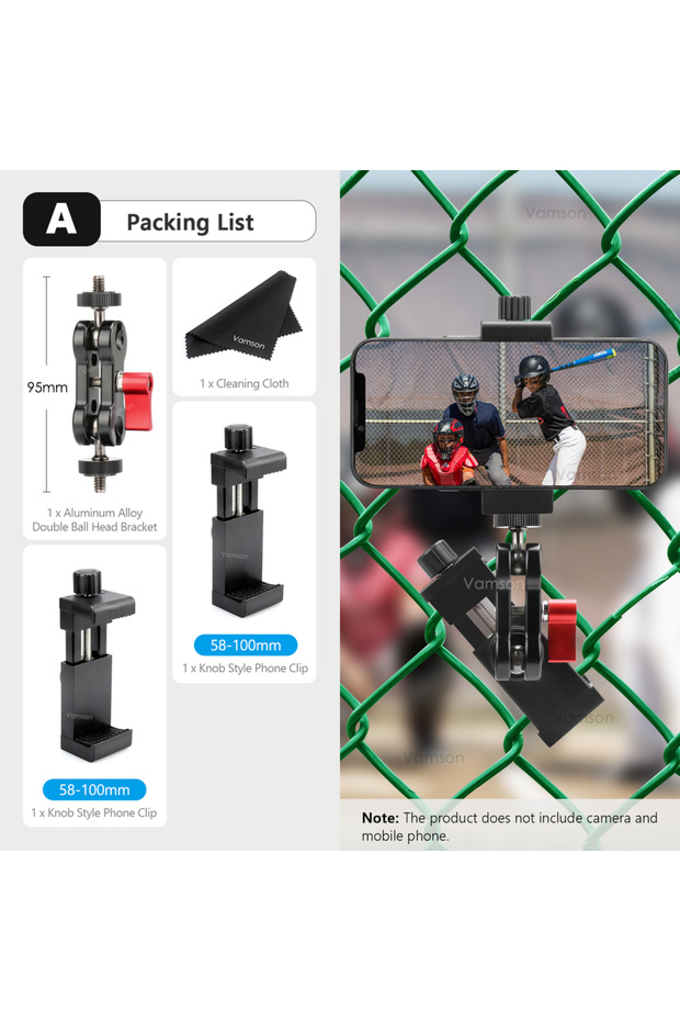 A Vamson Phone Fence Mount for Baseball Softball Camera Holder for GoPro11 Insta360 X3 DJI Accessor.